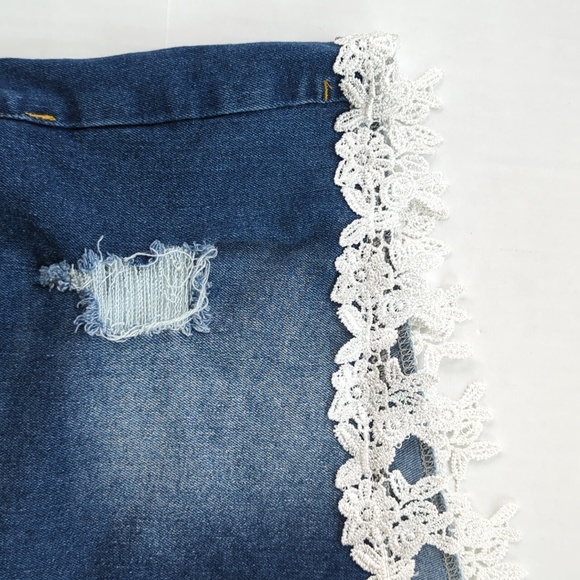 Distressed Embroidered Floral Jean Short Overalls M Blue Y2K Shortalls - Picture 5 of 14